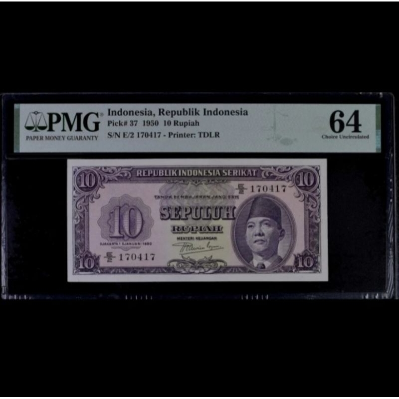 Uang Kuno 10 Rupiah Thn 1950 Seri RIS PMG 64 Grade UNC Gress