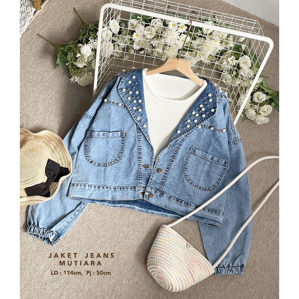 HOPYLOVY Jaket Jeans Wanita Model Crop Mutiara