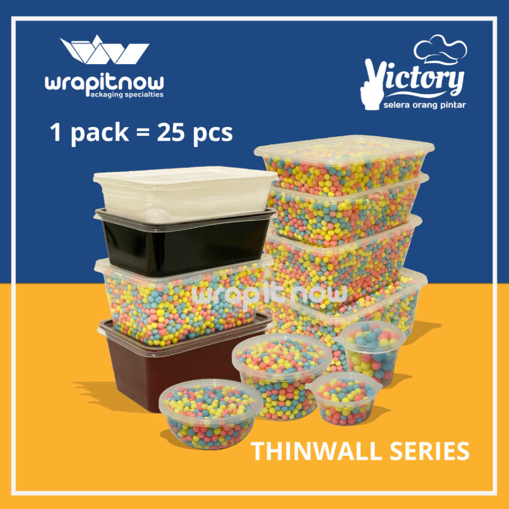 (25 Pcs) Thinwall 200ml 300ml 500ml 750ml 1000ml 1500ml 2000ml 3000ml Round Rectangle Cup Salad Kont