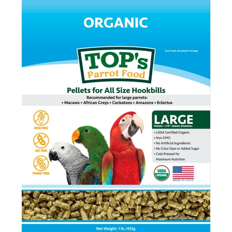 TOP's Parrot Food Organic Large Pellets for All Size Hookbills Makanan Pakan Burung Organik USA 453g