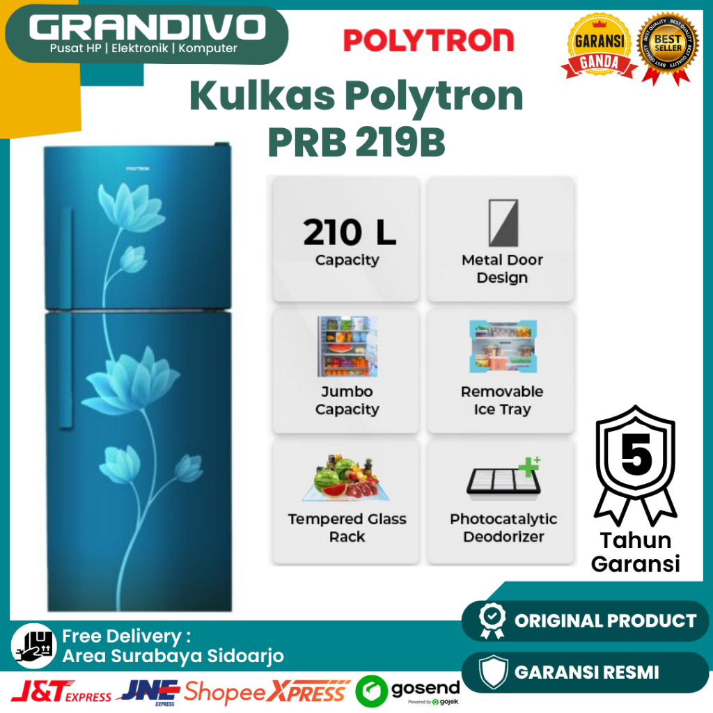 Kulkas Polytron 2 Pintu 210Liter PRB 219B Metal Door Low Watt - Grandivo