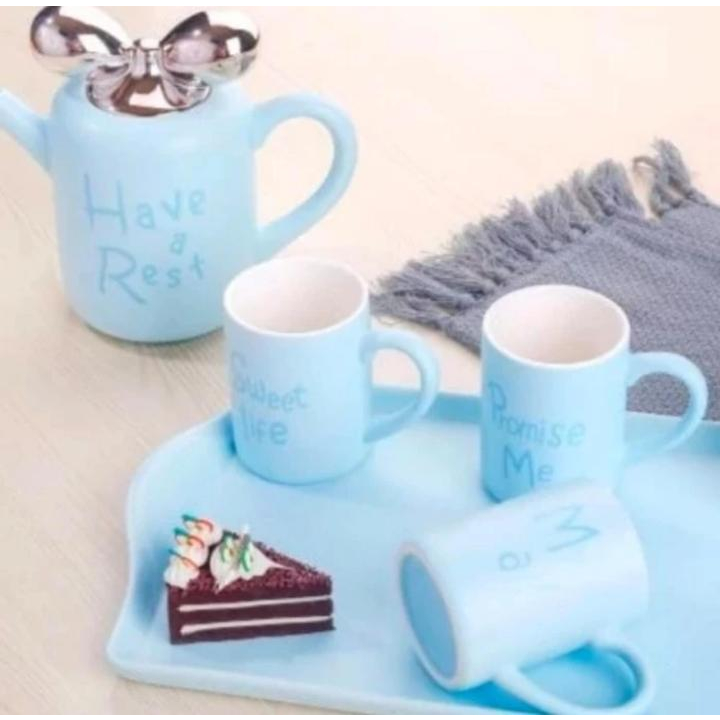 Teko Set Gelas Cangkir Mug Kopi Teh 4 Gelas Tatakan Keramik Ala Jepang