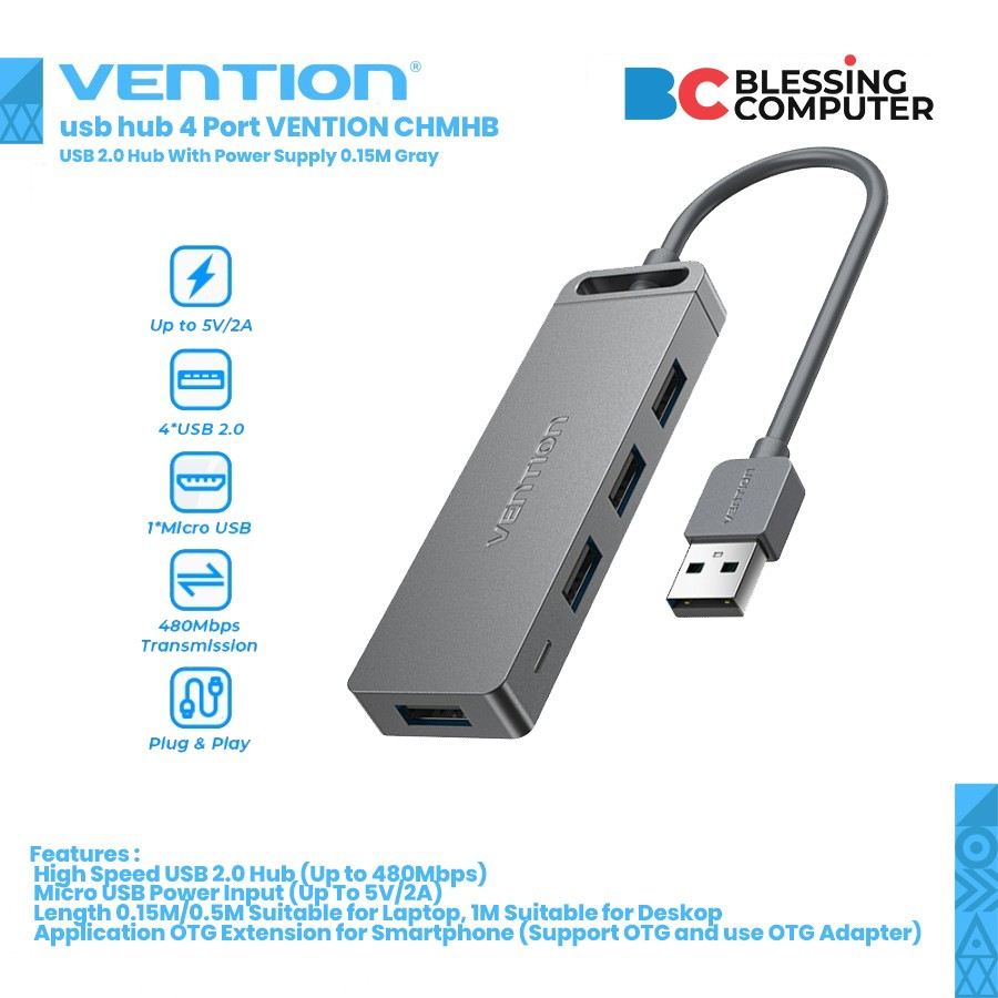usb hub 4 Port VENTION CHMHB USB 2.0 Hub With Power Supply 0.15M Gray