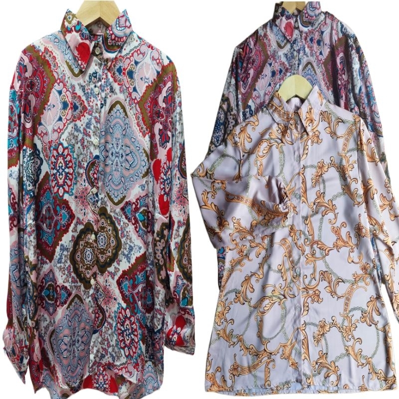 Kemeja lengan Panjang Satin motif / Blouse Satin Motif ZR/ Kemeja lengan panjang Wanita