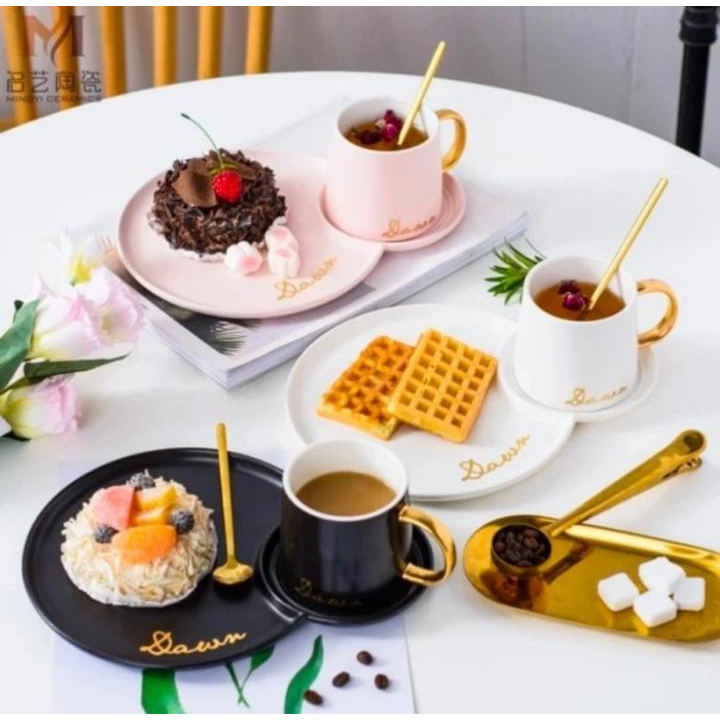 Sisa Warna PInk Cangkir Set Tatakan Sendok Keramik Kekinian Cup Susu Coffee 350ML Bowl