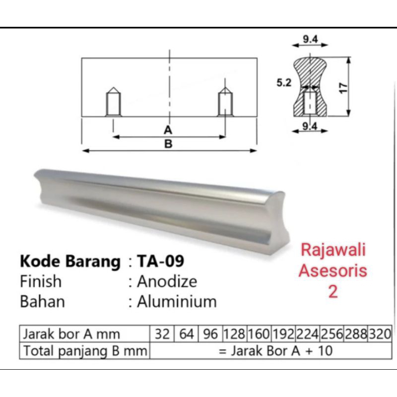 Handle Alumunium Tarikan Laci Lemari Mebel Kitchen Set Huben TA 09