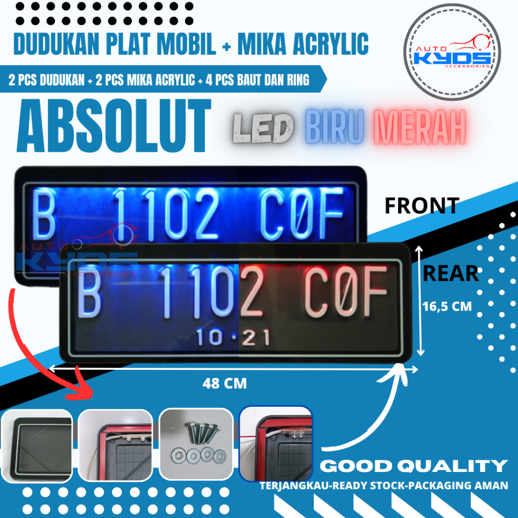 Dudukan Tatakan Plat Nomor Mobil + Mika Acrylic Akrilik Lampu Led Warna Biru Merah