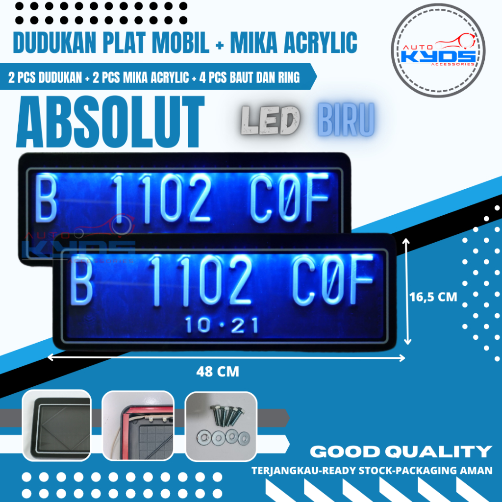 Dudukan Tatakan Plat Nomor Mobil + Mika Akrilik Acrylic + Lampu Led Warna Biru + Baut Dan Ring