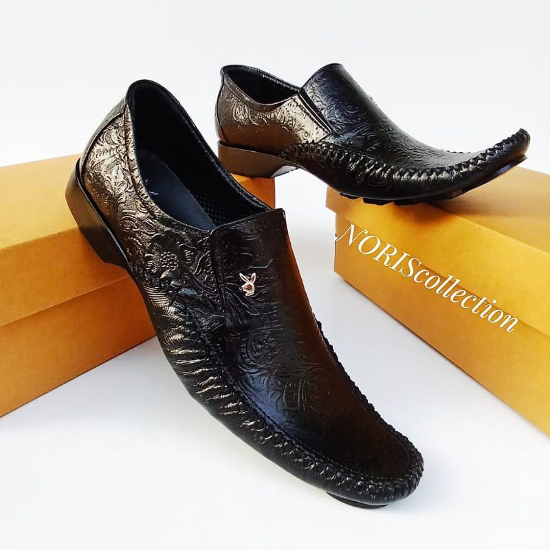 Sepatu Pantofel Playboy Pria Kulit Asli Motif Batik Slip On Original