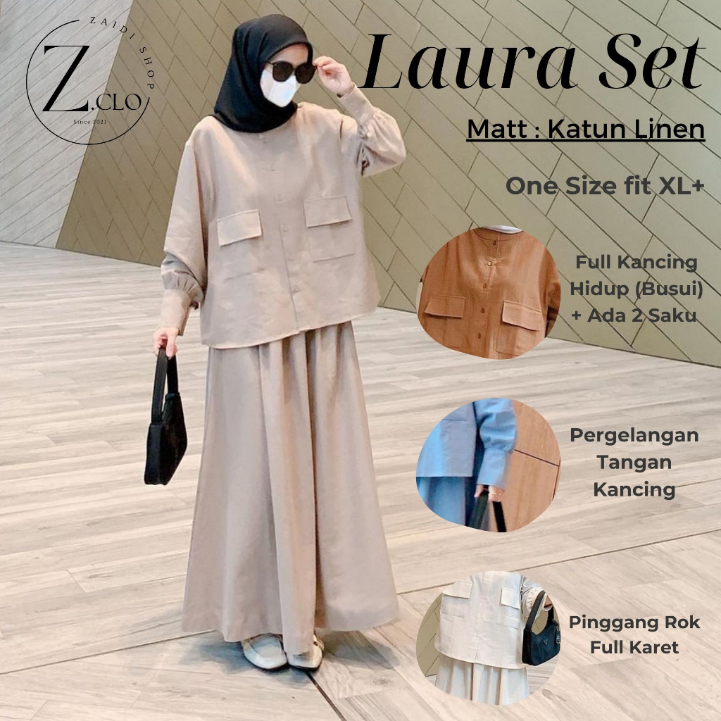 Laura One Set Tunik + Rok Polos Wanita Bahan Katun Linen Premium Adem Setelan Busui Basic Model Terb