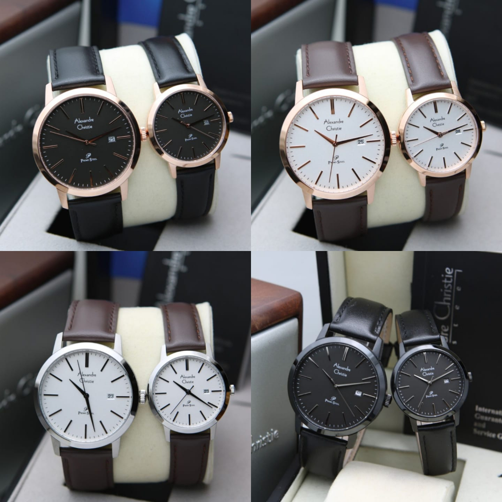 JAM TANGAN COUPLE ALEXANDRE CHRISTIE AC 1007 AC1007 BLACK LEATHER ORIGINAL