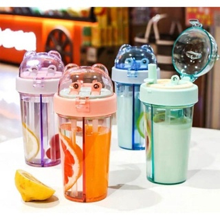 Botol anak anak BOTOL MINUM DUA SISI / BOTOL 2 TEMPAT KEPALA BERUANG 420 ML ADA SEDOTAN DAN TALI FRE