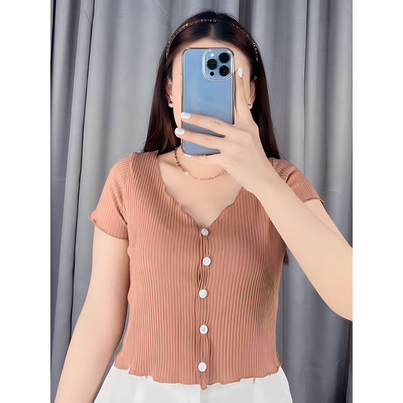 Crop kancing V-Neck Lengan pendek Bahan rib rajut / Cardigan crop top kardigan
