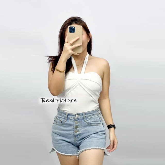 JoCa [RF Bisa COD] Versatile Halter Neck Crop Top #0460 Fashion Atasan Wanita Bahan Knit Size Fit M 