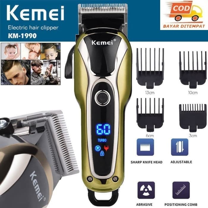 CUKUR KEMEI KM-1990 TURBO MESIN CUKUR RAMBUT LED BATERAI RECHARGE ORI