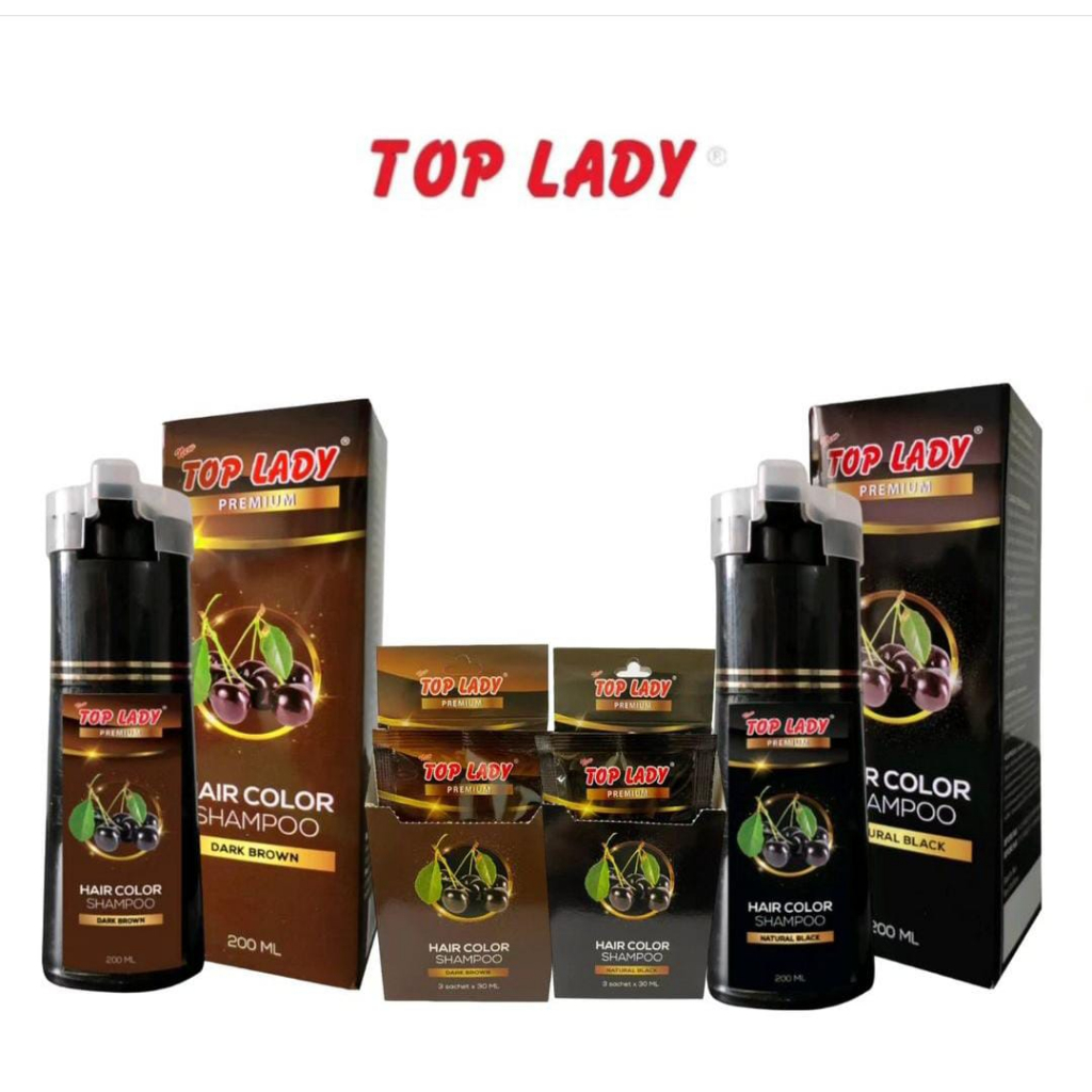 TOP LADY Premium Hair Color Shampoo / Sampo Pewarna Rambut Uban Black & Dark Brown