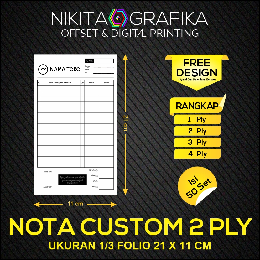 

Nota Custom 1/3 Folio 2 Ply 2 Rangkap Nota Surat Jalan Faktur Kwitansi Resep Form