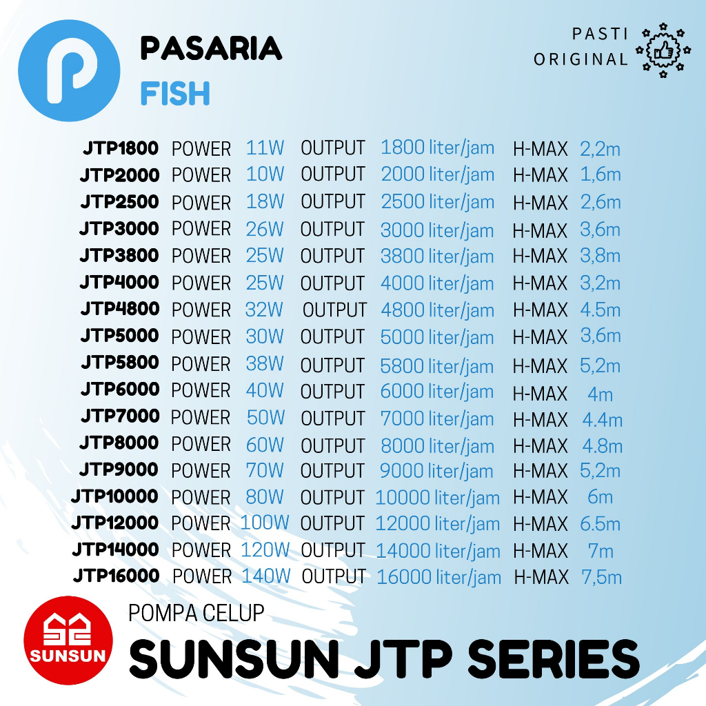 SUNSUN JTP2000 / JTP 2000 liter/jam Pompa Celup Kolam/Aquarium Hemat/Rendah Daya