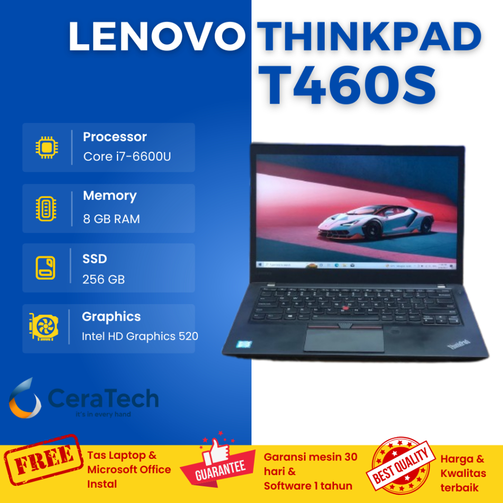 Lenovo T460s Core i7 Gen 6 RAM 8 GB SSD 256 GB Laptop SlimSecond Bergaransi