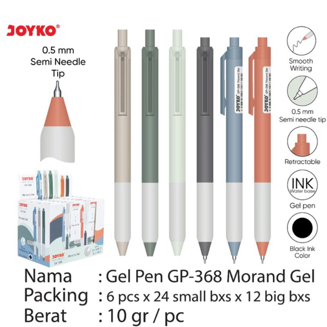 

( 1 pack = 6 pcs ) Pulpen Retractable Joyko Morand Gel / Gel Pen Cetrek / Bolpen jel GP-368 0.5mm Joyko