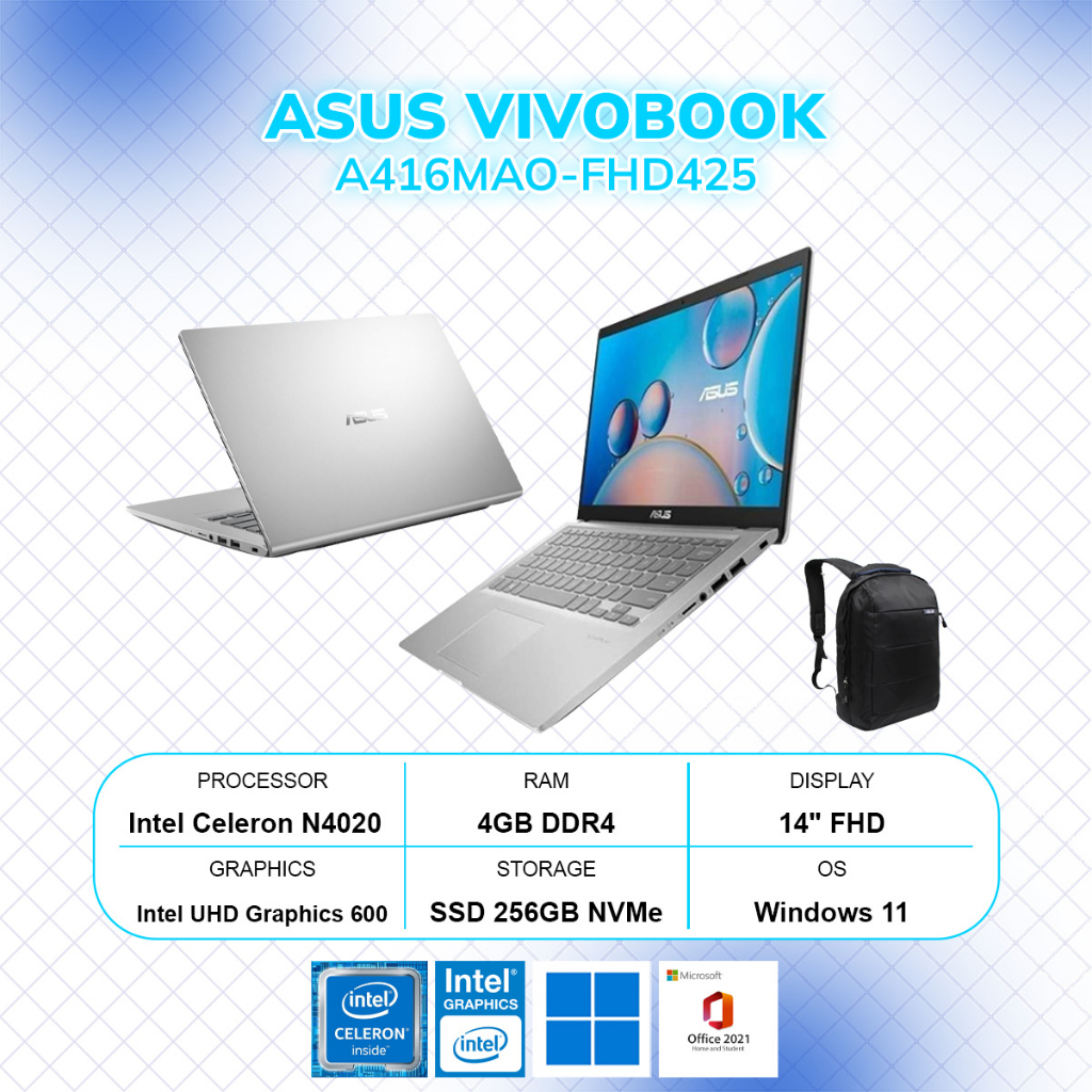 Laptop Asus VivoBook A416MAO-FHD425 (Intel Celeron N4020 / RAM 4GB / SSD 256GB / Windows 11 / Office