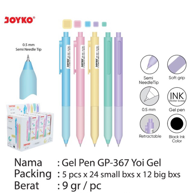 

( 1 pack = 5 pcs ) Retractable Pulpen Joyko Yoi Gel / Gel Pen Cetrek / Bolpen jel GP-367 0.5mm Joyko
