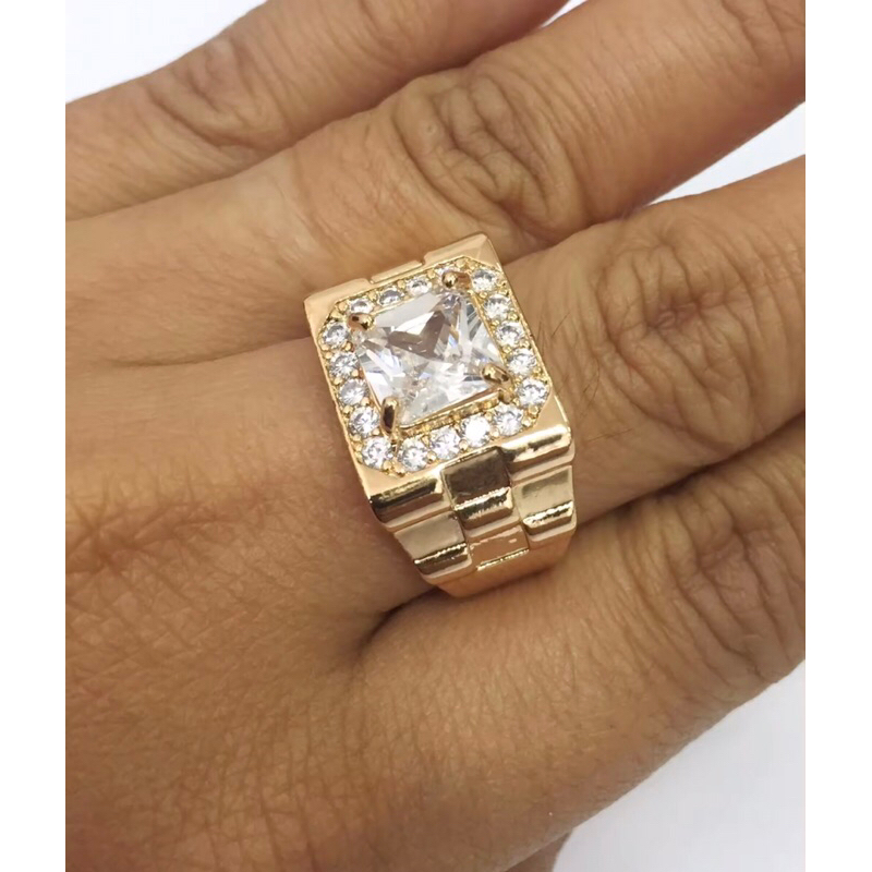 Cincin Pria Kotak Batu Kristal 99LR Putih Titanium Emas 22K