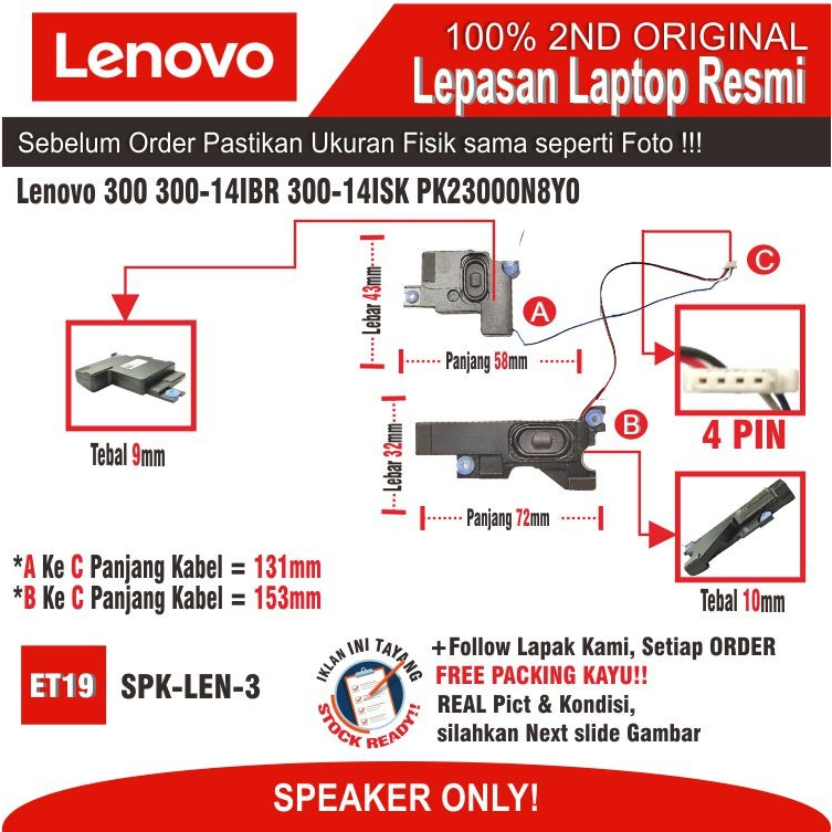ET19 SPK-LEN-3 Speaker Lenovo 300 300-14IBR 300-14ISK PK23000N8Y0