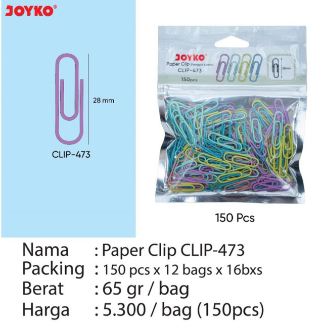 

( 1 bag = 150 pcs ) Paper Clip 28mm Warna Neon dan Pastel / Klip Kertas -472 dan -473 Joyko