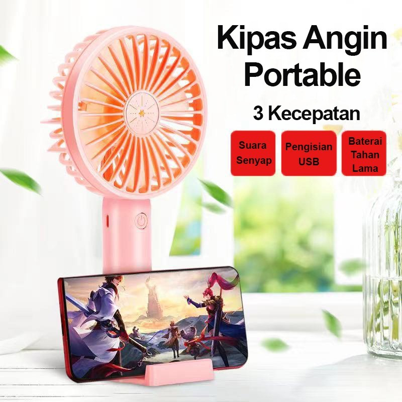 Kipas Genggam Mini USB Dengan Stand Hp dan 3 Gigi Kecepatan Kipas Angin Mini Baterai Portable Travel