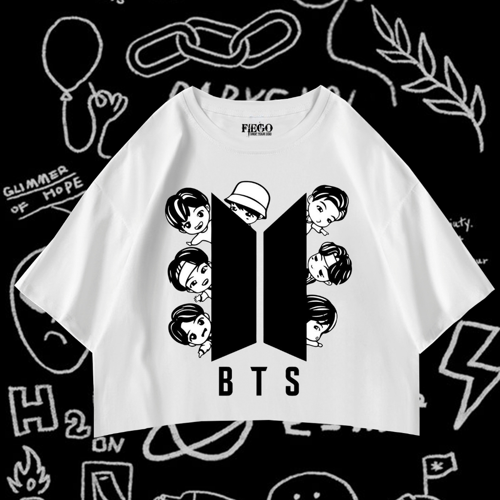Fiego "BTS CHIBI MEMBER" | Premium All Size Crop Top | White Crop | Crop Tee | Crop Top BTS | White 