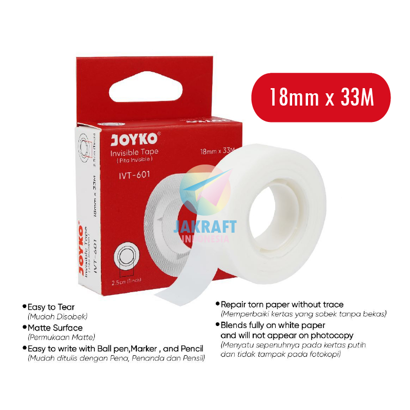 

(1 Roll) Cellotape Selotip Isolasi Rahasia Transparan Core Kecil JOYKO IVT-601 Invisible Magic Tape Putih Bening 33 Meter