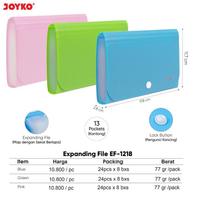 

EF-1218 Map Sekat Berlapis 3 warna / Expanding File 3 color / Organizer Kertas / Folder ukuran nota 11,7 x 17,8 cm Joyko