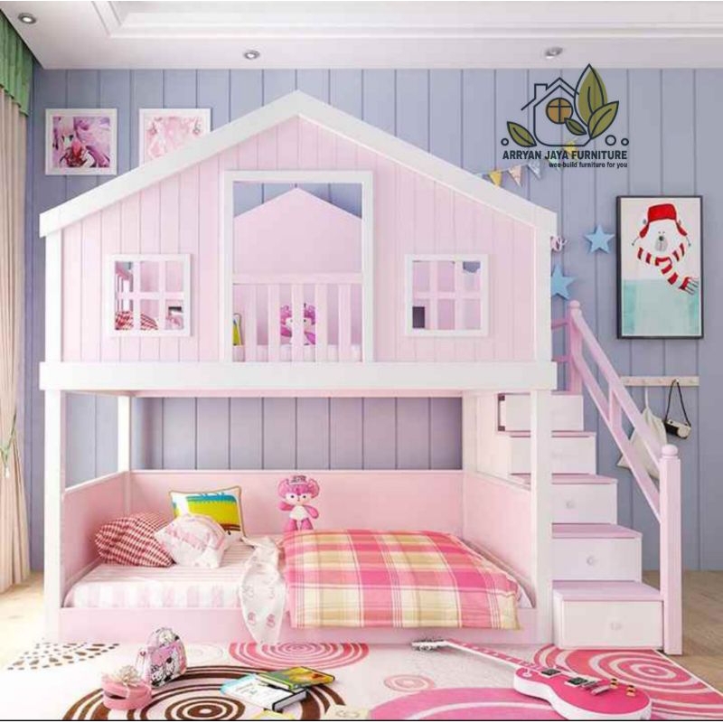 tempat tidur tingkat anak motif rumah / kasur tingkat / ranjang susun