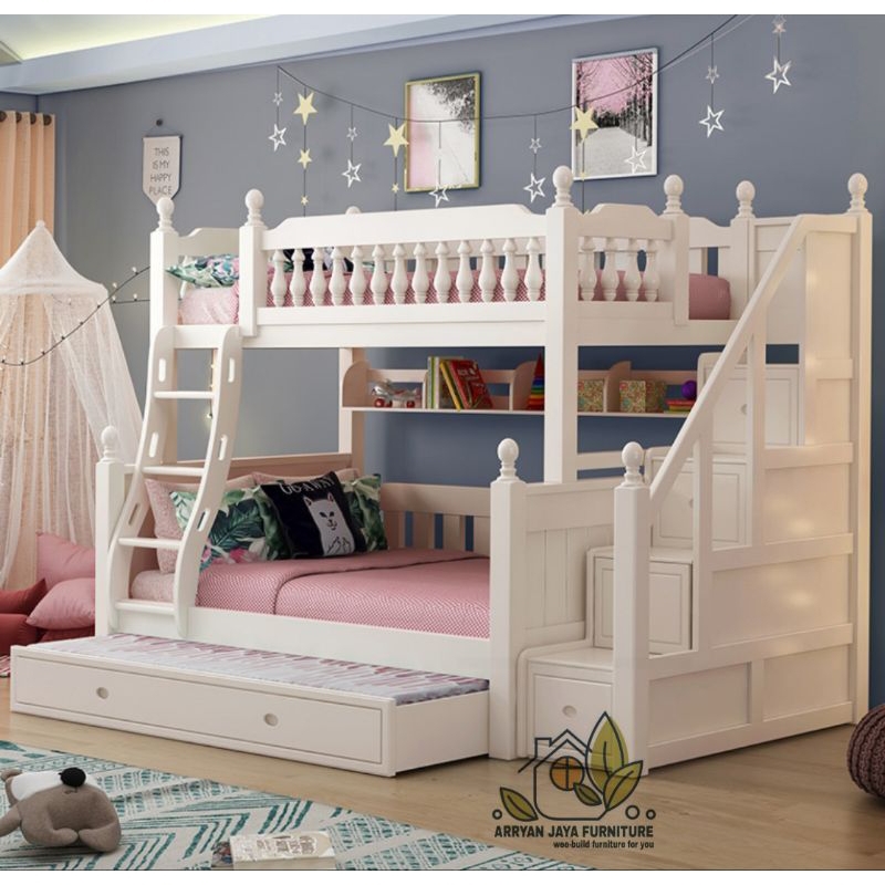 tempat tidur tingkat dewasa minimalis putih / ranjang susun / kasur tingkat