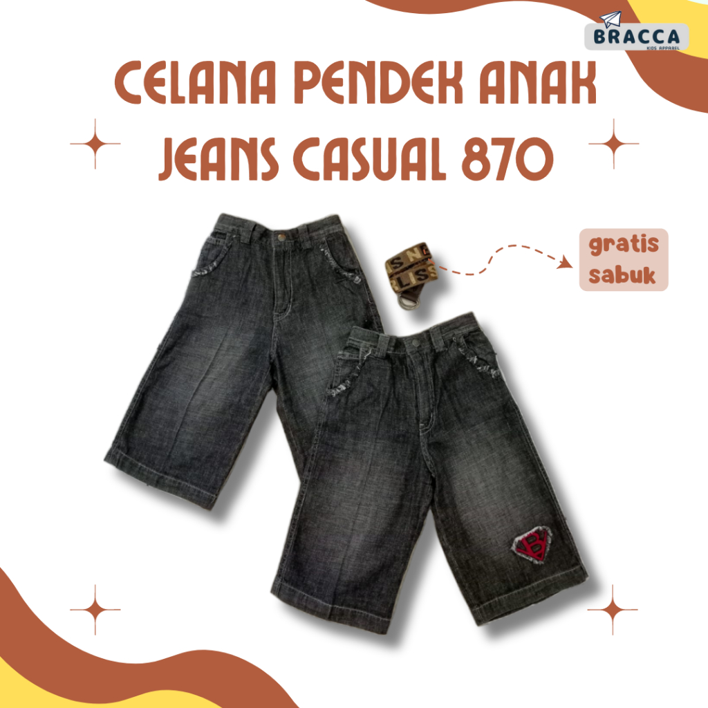 (BRACCA KIDS) CELANA PENDEK ANAK CASUAL BAHAN JEANS DENIM WARNA HITAM UNTUK ANAK USIA 5 - 10 TAHUN (