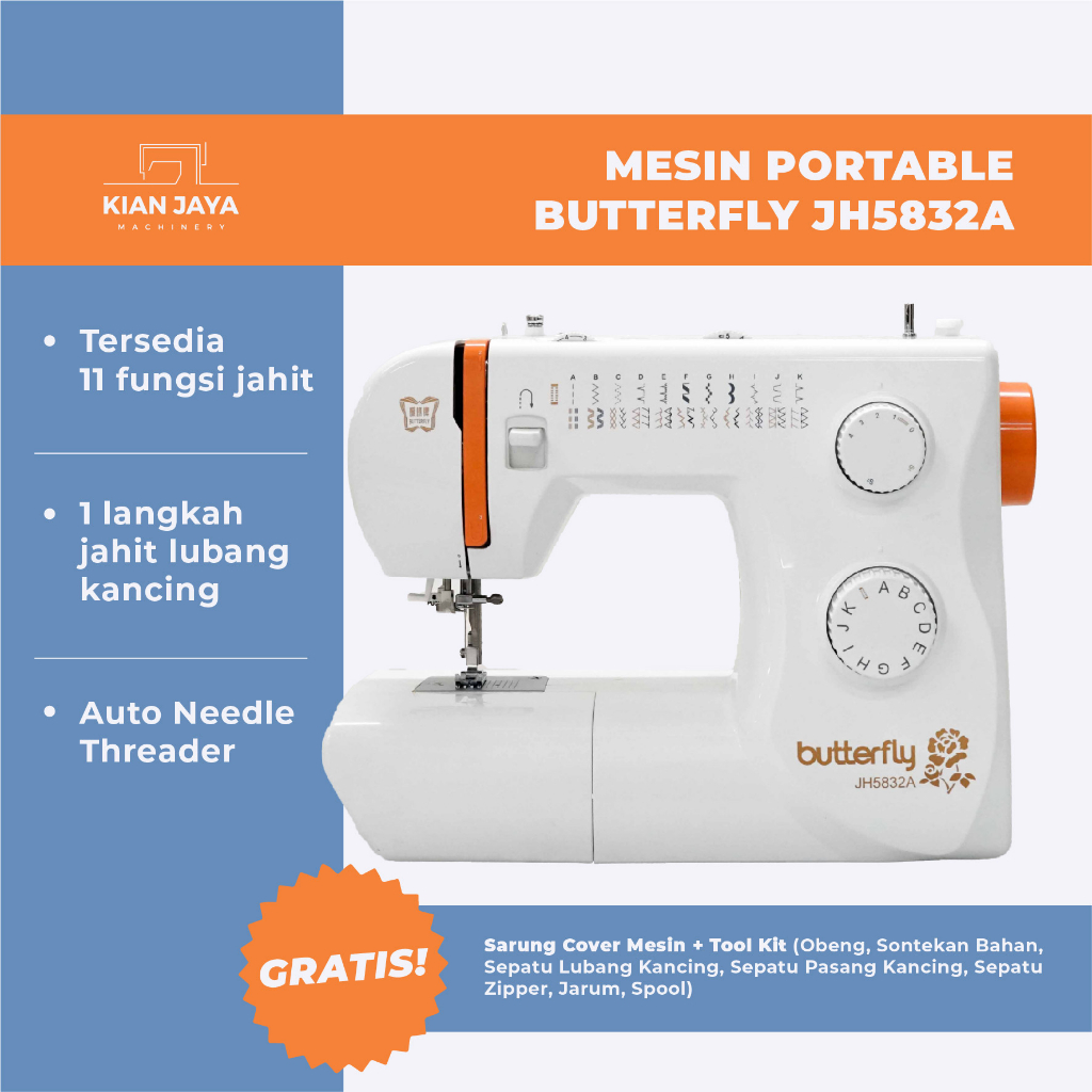 Mesin Jahit Portable Butterfly JH5832A | Mesin Jahit Portable Butterfly JH 5832A | Mesin Jahit Portable Butterfly JH 5832 A