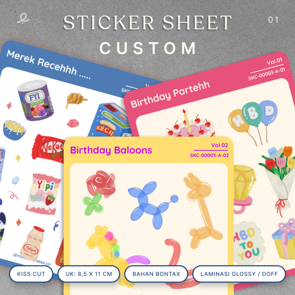 

STICKER SHEET CUSTOM | CUSTOM ILUSTRASI DESIGN | CUSTOM PRINT | STICKER BONTAX | LAMINASI DOFF / GLOSSY | KISS CUT | UK 8,5 X 11 CM