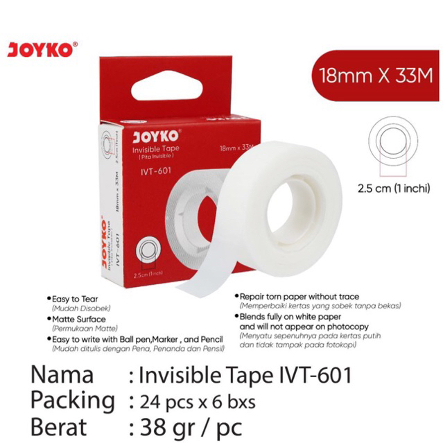 

Joyko Isolasi / Solatip Invisible Tape Dapat Ditulis, Dengan Dispenser, Warna Kertas Tidak Terlihat / Repair Tape IVT-601