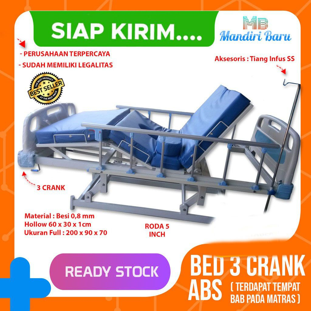 BED PASIEN RUMAH SAKIT 3 CRANK ABS MATRAS BAB