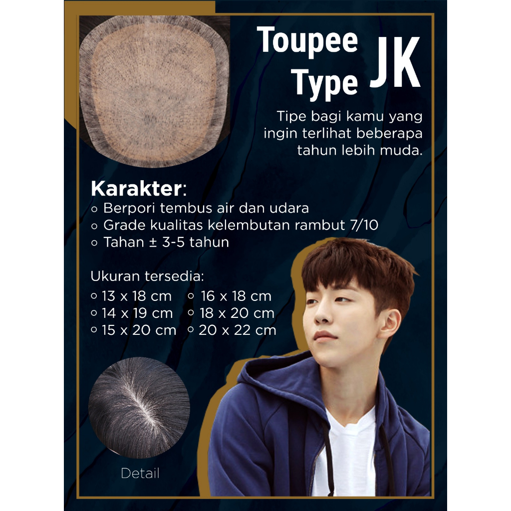 Hair toupee wig pria wanita rambut palsu original asli 100% human hair replacement ( JK 20 )