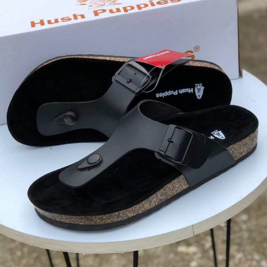 Sandal Jepit Hitam Pria Wanita Hush Puppies || Sendal Slide HushPuppies Strap Tali Kulit