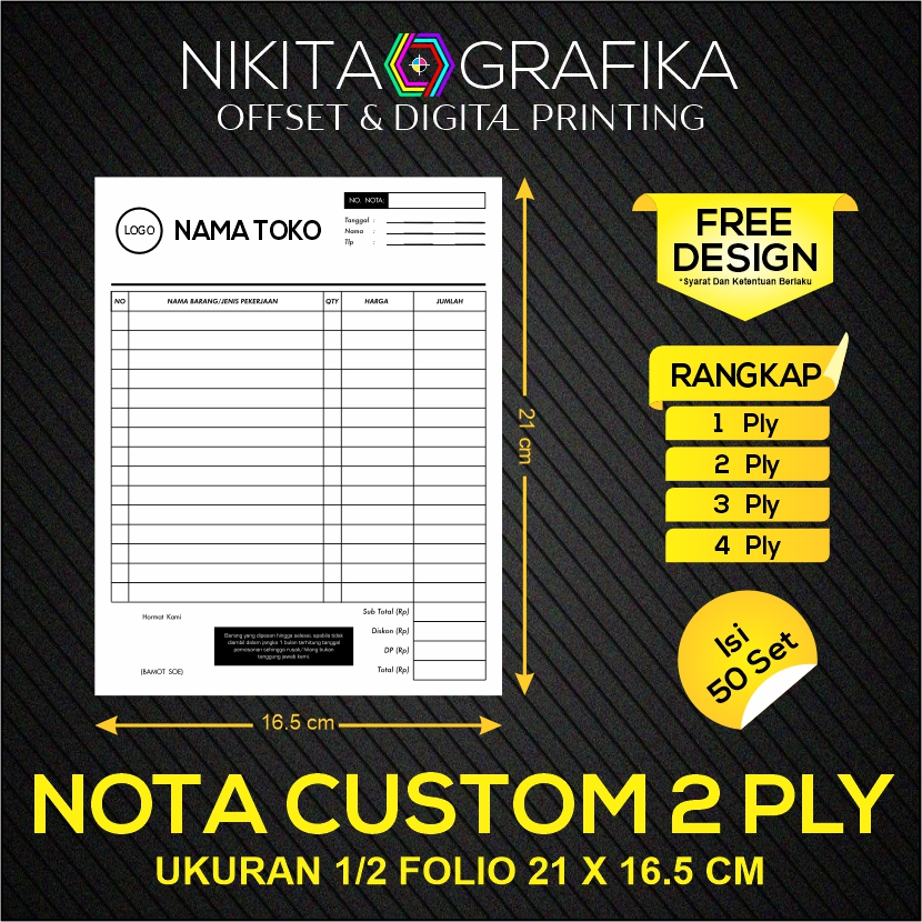 

Nota Custom 1/2 Folio 2 Ply 2 Rangkap Nota Surat Jalan Faktur Kwitansi Resep Form