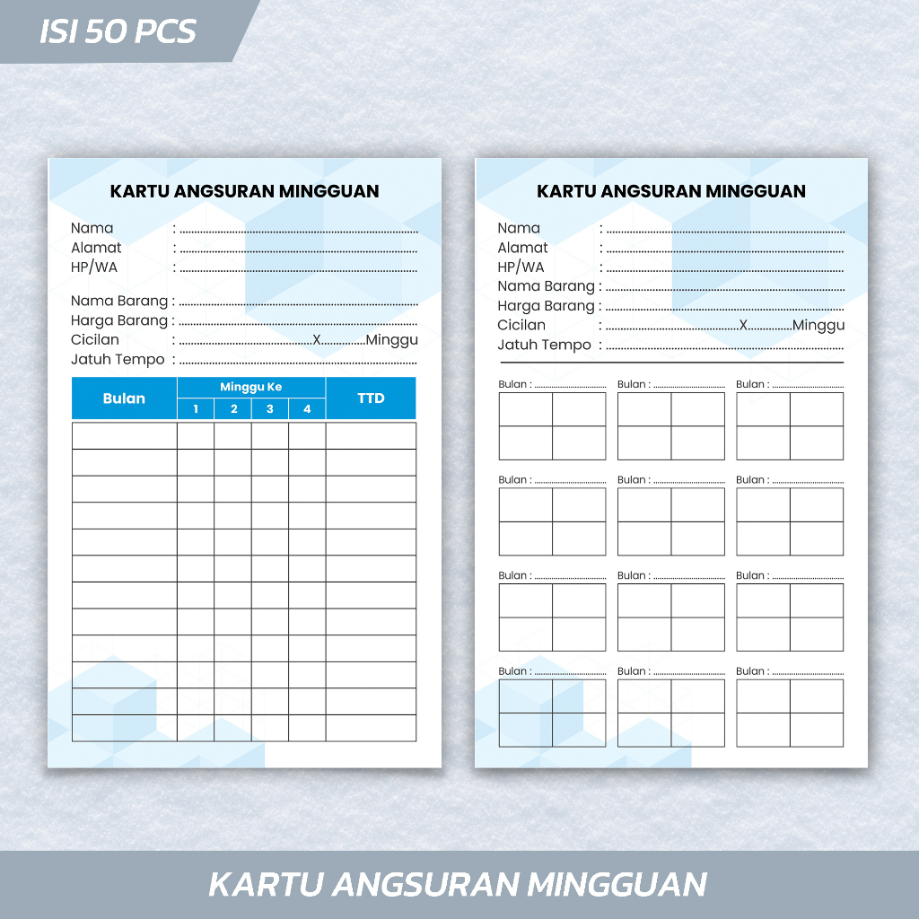 

Isi 50 Lembar Kartu Angsuran Mingguan/Kartu Cicilan/Koperasi/Home kredit