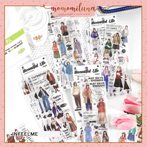 

1 set isi 6 lembar sticker OOTD beautiful life deco stiker kawai estetik retro vintage fashion lucu cute MK1443