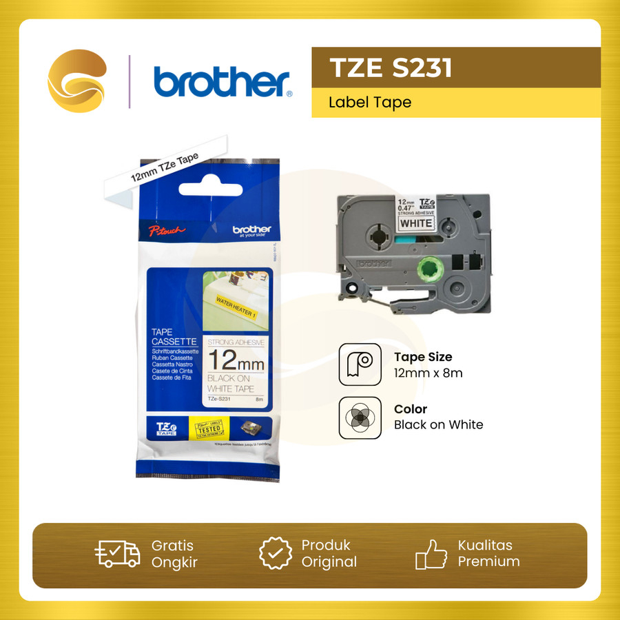 

BROTHER Label Tape TZE S231 Strong Adhessive 12mm Black On White
