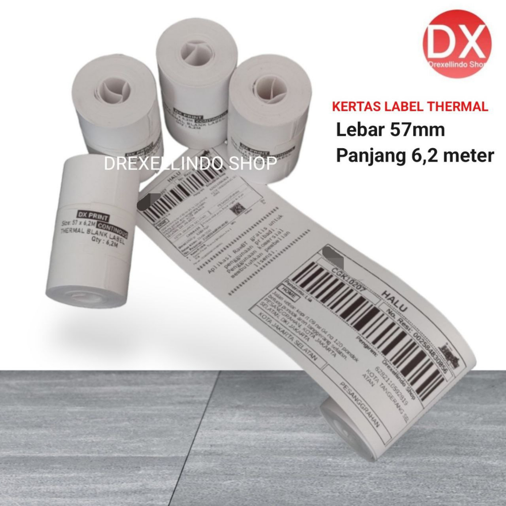 

Kertas Thermal Label Stiker Continues Ukuran 57mm / 58mm / 57x6,2m panjang 6,2 meter per 1 roll