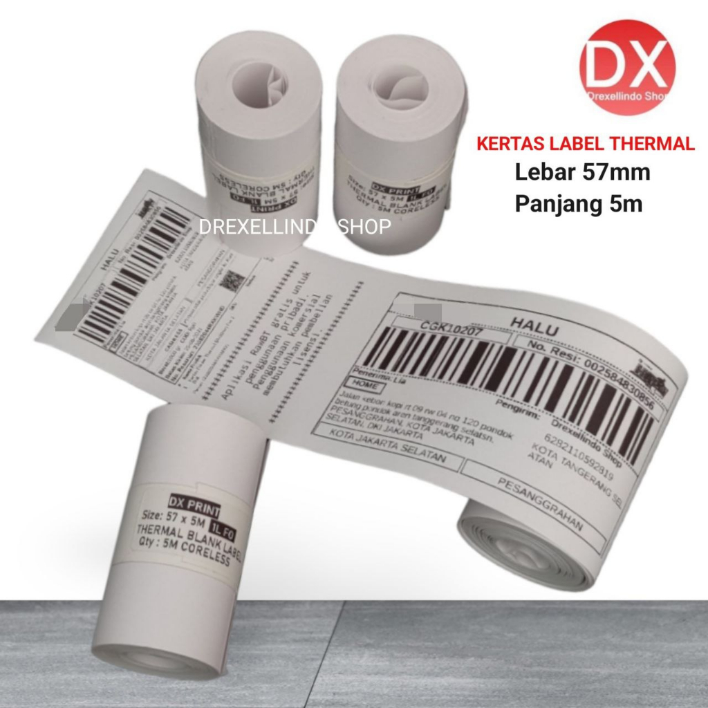 

Kertas Thermal Label Stiker Continues Ukuran 57mm / 58mm / 57x5m panjang 5 meter per 1 roll