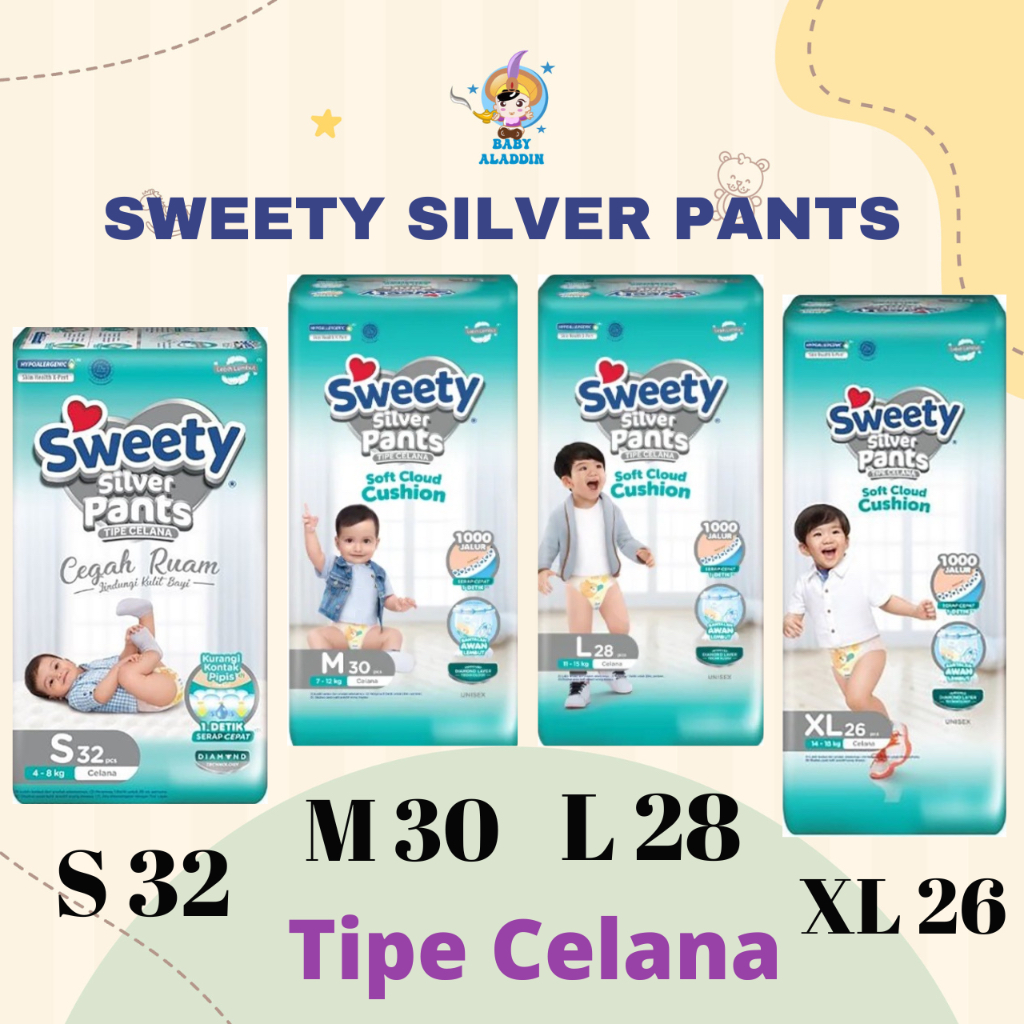 TERMURAH POPOK ￼SWEETY SILVER PANTS NBS40 / S32 / M30 / L28 / XL26 - Popok Sweety Murah Medan