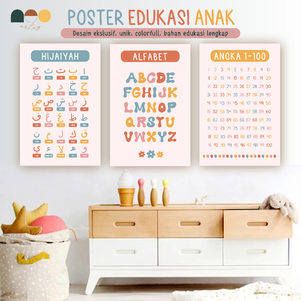 Poster Edukasi Anak (PreSchool Paud TK SD) Angka / Huruf / Hijaiyah / Berhitung / Alphabet